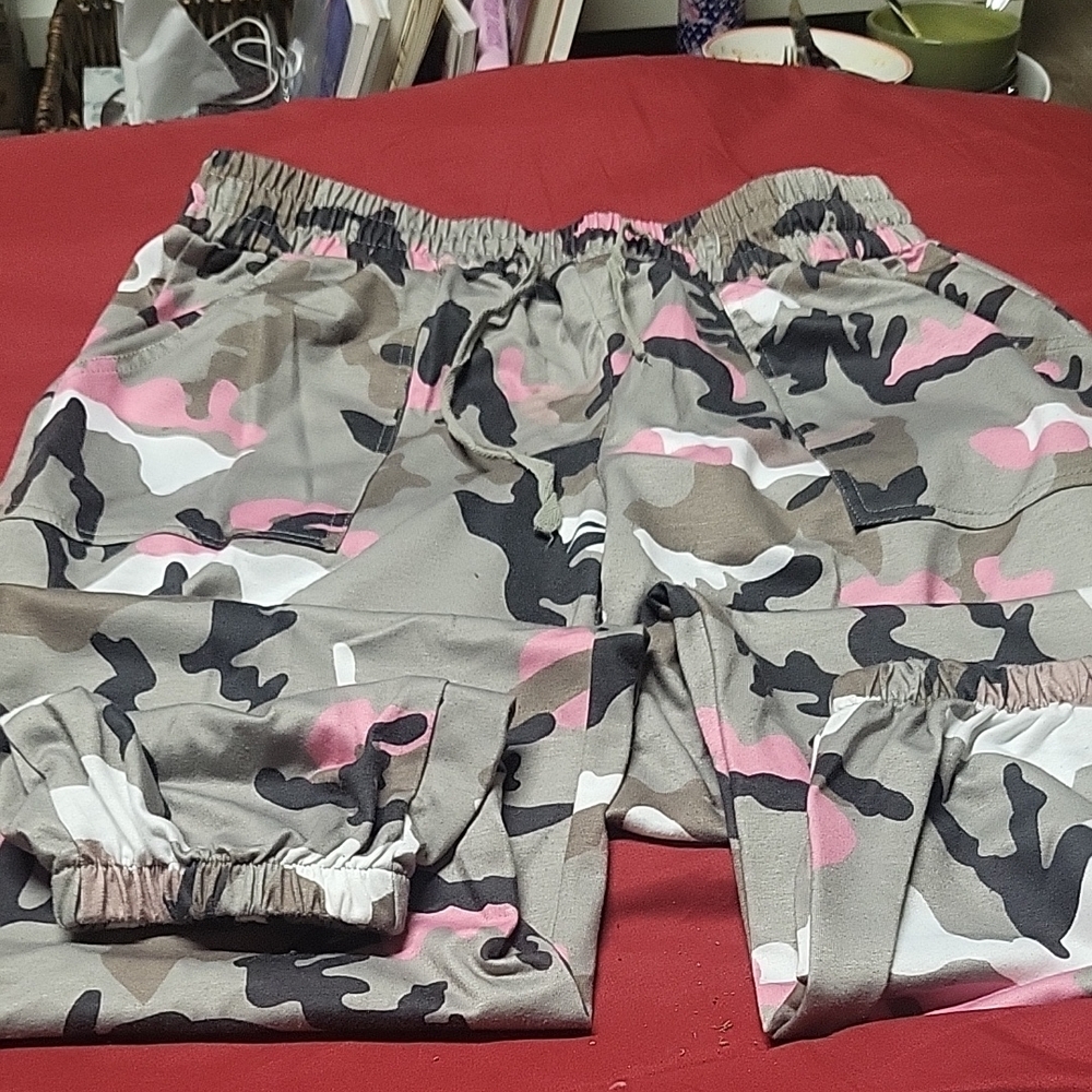 Pink and Green Camouflage Sweatpants with Elastic Waistband